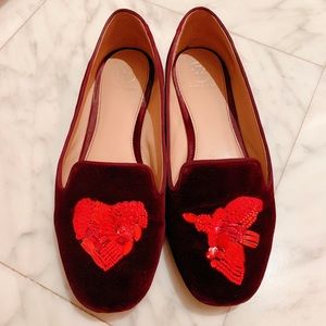 Tory Burch red velvet flats with heart and bird